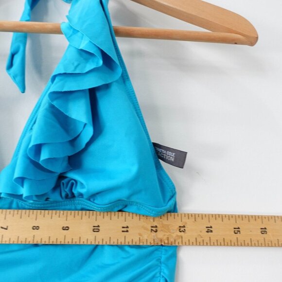 KENNETH COLE Swimsuit Small Skirted One Piece Ruched V Neck Open Back Ruffle‎ - Picture 5 of 13